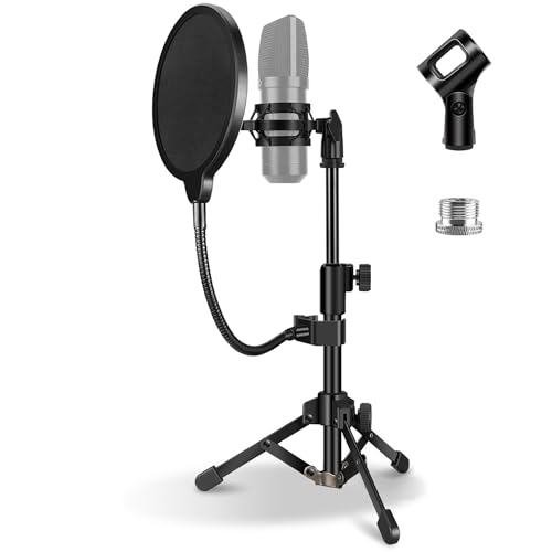Mic Stand Desk, Table Mic Tripod Desktop Mic Stand Height Adjustable Small Microphone Stand for Desk with Pop Filter Shock Mount Mic Clip 1/4" to 5/8" Adapter for Blue Yeti Snowball - style: Pop filter + Shock mount
