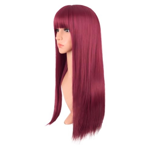MapofBeauty 24 Inch Long Straight Flat Bangs Party Cosplay Wig, Blood Red | 60 cm Synthetic Hair Wig, Heat Resistant, Women - color: Blood red