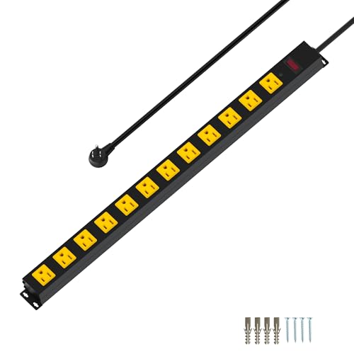 Metal 12 Outlet Mountable Power Strip, 2100J Surge Protector with Heavy Duty 15ft Extension Cord, Wide Spaced and Wall Mount Metal Powerstrip for Garage, Desk, Industrial, Shop and Indoor (15ft) - size: 15ft