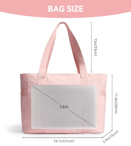 WLLWOO Large Tote Bag, 14” Laptop Work Travel Bag with Trolley Sleeve | Multi Pocket Water Splash Zipper Shoulder Handbag for Women Daily Nurse Gym Commute - color: Pink
