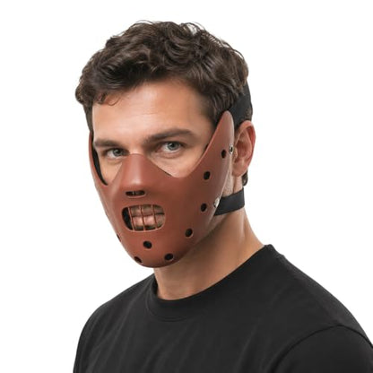 Hannibal Lecter Mask Cosplay The Silence of The Lambs Half Face Resin Mask | Halloween Costume Prop, Durable Resin, Sponge Pads, Adjustable Buckle Straps, Open Mouth Cage, Adult, for Role Play Party - color: Coffee