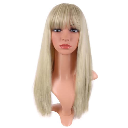 MapofBeauty 24 Inch Long Straight Flat Bangs Party Cosplay Wig, Blonde | 60 cm Synthetic Hair Wig, Heat Resistant, Women - color: Blonde
