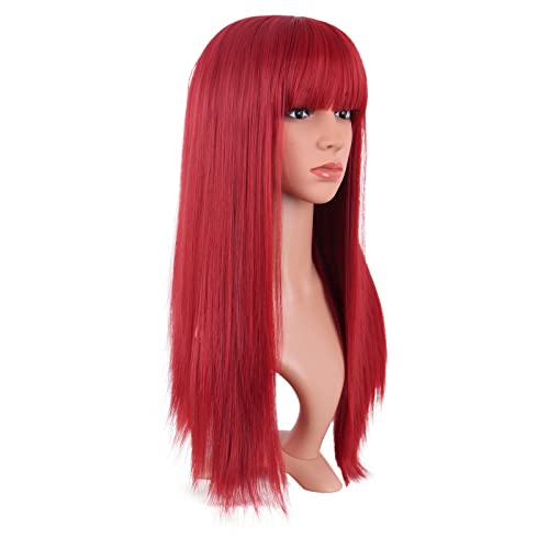 MapofBeauty 24 Inch Long Straight Flat Bangs Party Cosplay Wig, Red | 60 cm Synthetic Hair Wig, Heat Resistant, Women - color: Red