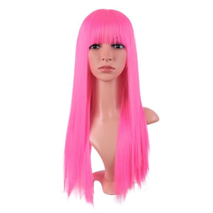 MapofBeauty 24 Inch Long Straight Flat Bangs Party Cosplay Wig, Neon Pink | 60 cm Synthetic Hair Wig, Heat Resistant, Women - color: Neon Pink