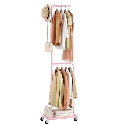 Small Rolling Clothing Rack with Shelf, Narrow Clothes Rack with Wheels | Gasvadivum 71" Tall Sturdy Metal Garment Rack with Hanging Rod, Freestanding Portable Coat Rack for Bedroom, Entryway, Pink - color: Pink
