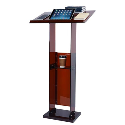 Acrylic Podium Stand 45.5" with Storage Shelf, Modern Amber Lectern Professional Presentation Podiums with Reading Platform for School, Classroom, Weddings, Conference, Concert, Events, Church - color: Amber