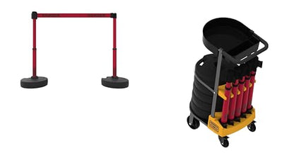 PL4162T Plus 75 ft Belt Barrier w/Cart Package & Tray | Mobile System, 5 Telescoping Stanchions, 15 ft Red "Danger (Double-Sided)" Retractable Banners, Accessory Tray - style: Red: Danger (Double-Sided)