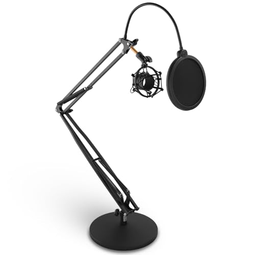 Pyle Suspension Boom Arm Mic Stand – Adjustable Scissor Arm with Shock Mount and Pop Filter, 3.1ft Extension, Quick Installation for Home Studio, Podcasting, Broadcasting, Streaming, Voice Recording