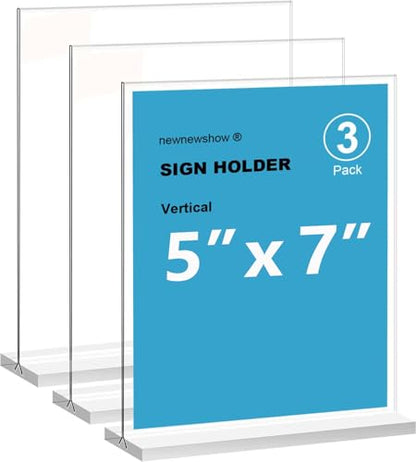 newnewshow 5x7 Acrylic Sign Holder 3Pack, Double-Sided Display Stand, Plastic Card Holder for Business, Office, Party - size: 3 pack
