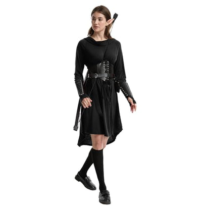 HODBLKT 7PCS Women Renaissance Fairy Costume Medieval Elf Dress Halloween - color: Black, size: Medium