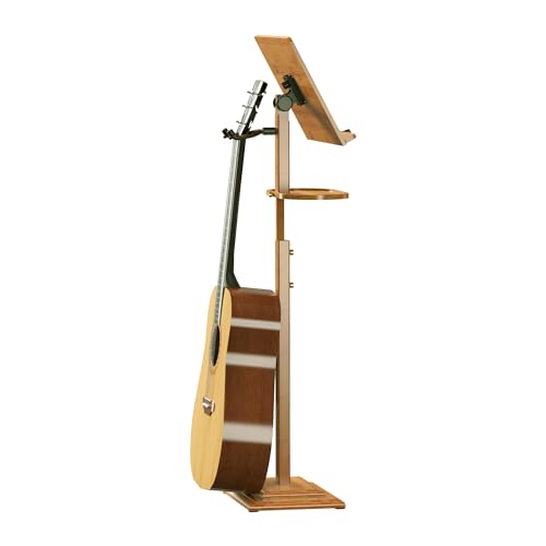 Sheet Music Stands-Bamboo Music Stand for Sheet Music& Desktop Book Stand With Tray Guitar Clip,Wooden Music Stand Portable Height Adjustable 39.37”to 51.2”Folding Holder Guitar Ukulele BassMusic - color: Tray + Guitar Clip+natural