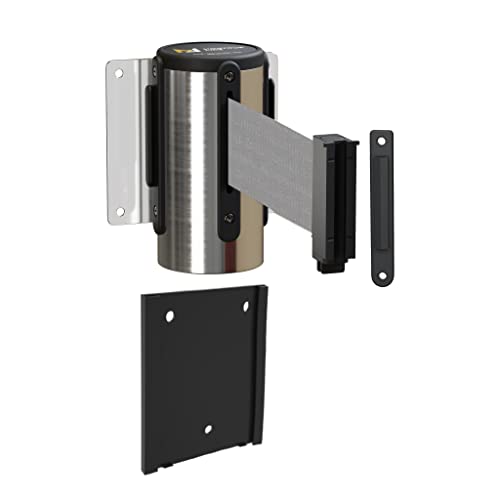 Montour Line WM115 Wall Mounted Retractable Belt Barrier with Standard Belt End, Removable Mount, Polished Stainless Steel Casing (8.5 ft Light Grey Belt) - color: Light Grey, size: 8.5 ft