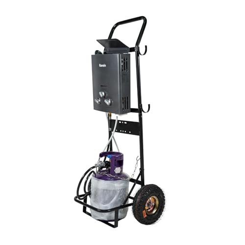 Ranein Dolly Cart for Portable Tankless Water Heater | Water heater dolly cart, steel frame, 10-inch wheels, foldable, holds 20lb propane tank, portable, for RO4K RO5K RO8K RO11K