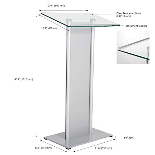 M&T Displays Tempered Clear Glass Conference Podium Stand with Aluminum Front Panel Silver Aluminum Body and Base 43.9 Inch Height Floor Standing Lectern Pulpit Desk for Classroom Church - color: Silver