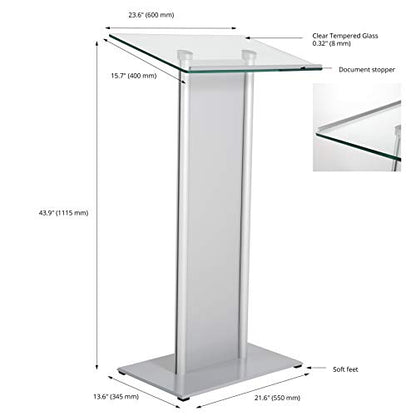 M&T Displays Tempered Clear Glass Conference Podium Stand with Aluminum Front Panel Silver Aluminum Body and Base 43.9 Inch Height Floor Standing Lectern Pulpit Desk for Classroom Church - color: Silver
