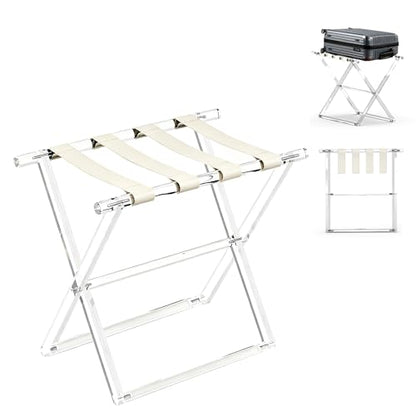 Acrylic Luggage Rack for Guest Room,Folding Luggage Rack with Leather Straps,Holds up to 120 lbs Suitcase Stand for Bedroom, Living Room and Hotel (Beige Leather)