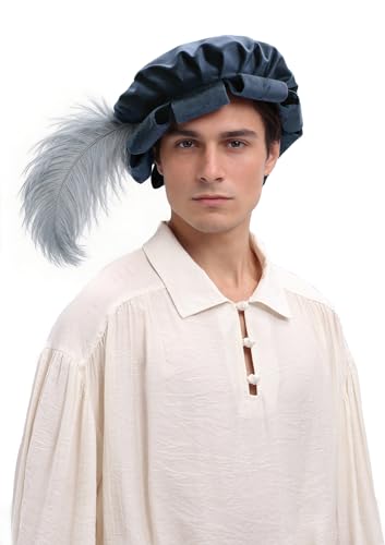 Renaissance Roll Hem Beret for Men Medieval Tudor Slit Hat with Feather Fantasy Costume Accessories - color: Blue