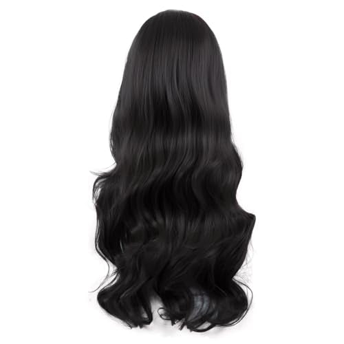 MapofBeauty 28 Inch Long Wavy Curly Side Bangs Party Hair Wig, Black | Synthetic fiber, 70 cm Cosplay Wig, Fashion - color: Black