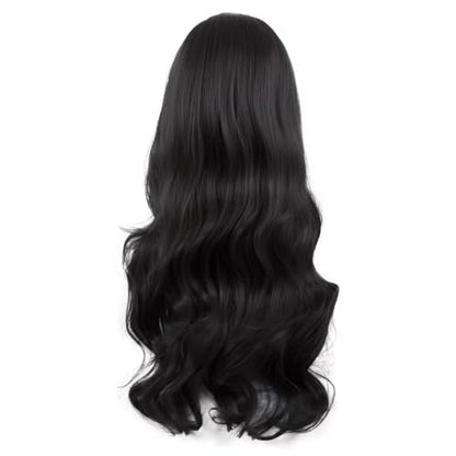 MapofBeauty 28 Inch Long Wavy Curly Side Bangs Party Hair Wig, Black | Synthetic fiber, 70 cm Cosplay Wig, Fashion - color: Black