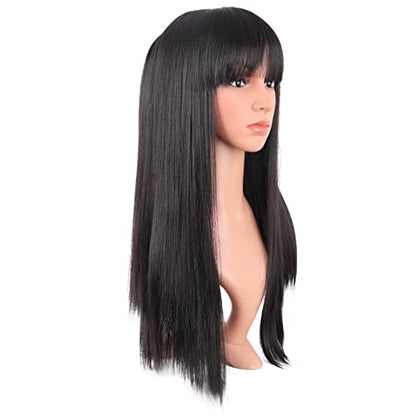 MapofBeauty 24 Inch Long Straight Flat Bangs Party Cosplay Wig, Black | 60 cm Synthetic Hair Wig, Heat Resistant, Women - color: Black