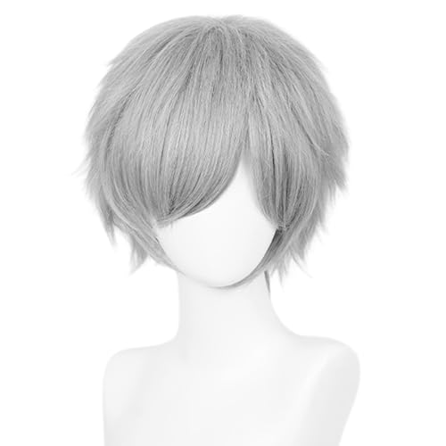 LABEAUTÉ Short Gray Anime Cosplay Wig Male Men Anime Layered Unisex Heat Resistant Hair Wig with Bangs for Party and Halloween for Gift + Free Cap - color: Gray