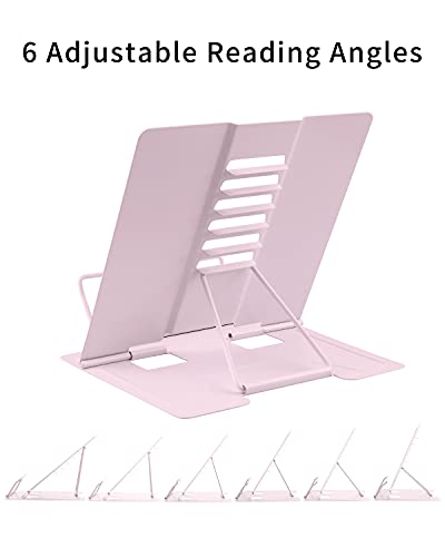MSDADA Book Stand Metal Reading Rest Book Holder Adjustable Cookbook Documents Holder Portable Bookstands for Recipes Textbooks with Page Clips Birthday Gifts for Girls Mom Students(Macaron Pink) - color: Macaron Pink