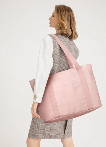 WLLWOO Large Tote Bag, 14” Laptop Work Travel Bag with Trolley Sleeve | Multi Pocket Water Splash Zipper Shoulder Handbag for Women Daily Nurse Gym Commute - color: Pink