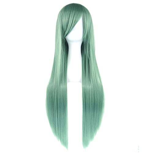 80cm Long Straight Natural Hair Cosplay Wigs with Bangs Colorful Halloween Costume Party Wig for Women (Light Green) - color: Light Green