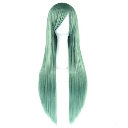 80cm Long Straight Natural Hair Cosplay Wigs with Bangs Colorful Halloween Costume Party Wig for Women (Light Green) - color: Light Green