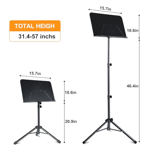 AODSK 5 in 1 Dual-Use Folding Sheet Music Stand & Desktop Book Stand, Adjustable Height Portable Music Stand with Carrying Bag, Sheet Music Clip & Book, for Home School Band, Black