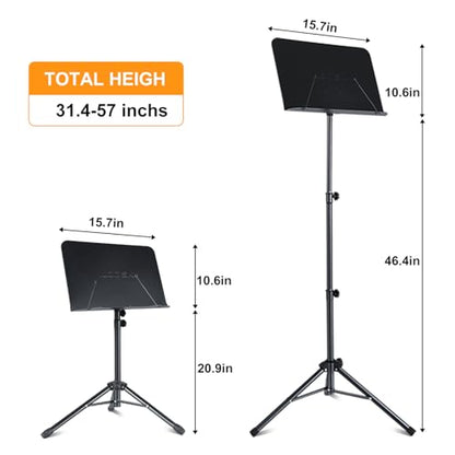 AODSK 5 in 1 Dual-Use Folding Sheet Music Stand & Desktop Book Stand, Adjustable Height Portable Music Stand with Carrying Bag, Sheet Music Clip & Book, for Home School Band, Black