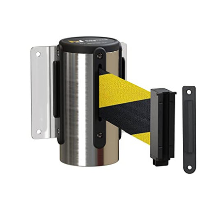 Montour Line WM115 Wall Mounted Retractable Belt Barrier with Standard Belt End, Fixed Mount, Polished Stainless Steel Casing (8.5 ft Black and Yellow Diagonal Belt) - color: Black and Yellow Diagonal, size: 8.5 ft
