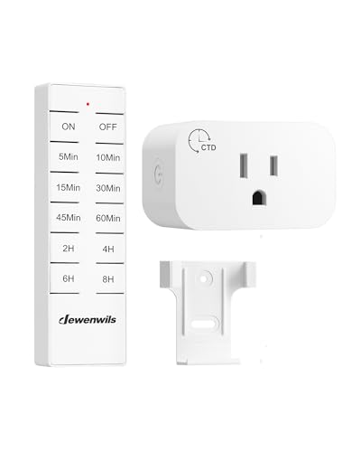 DEWENWILS Wireless Remote Outlet with Timer, Indoor Remote Timer Outlet | No Interference No Wiring, 100FT RF Range, 15A/1875W, Countdown Light Switch for Indoor Lighting, Fans, Chargers, Lamps