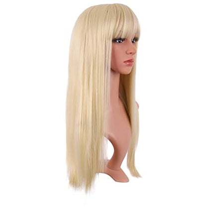 MapofBeauty 24 Inch Long Straight Flat Bangs Party Cosplay Wig,Mixed Blonde | 60 cm Synthetic Hair Wig, Heat Resistant, Women - color: Mixed Blonde