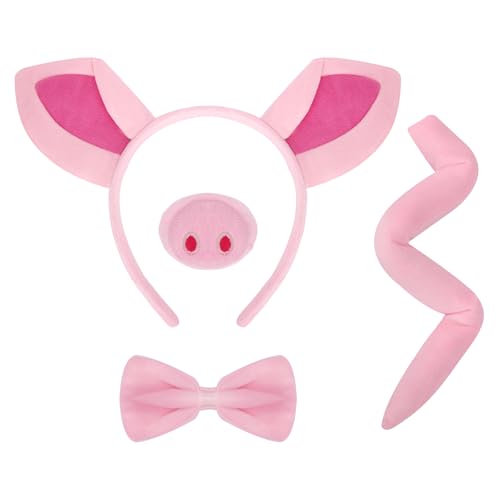 4 Pieces Pig Costume Set Pink Pig Costume Accessories Pig Ears Headband and Tail Nose Bow Tie Pig Animal Cosplay Accessory Set for Halloween Christmas Cosplay Animal Dress Up