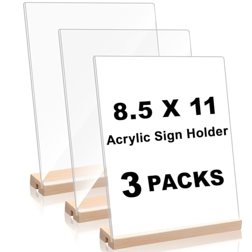 Daletu Acrylic Sign Holder 8.5x11 with Wood Base | 3 Packs Acrylic Sign Display Stand, 2 in 1 Vertical or Slant Clear Tabletop Flyer Menu Holder, Plastic Picture Frame for Store, Office, Vendor, Party - size: 3PCS (8.5"x11"