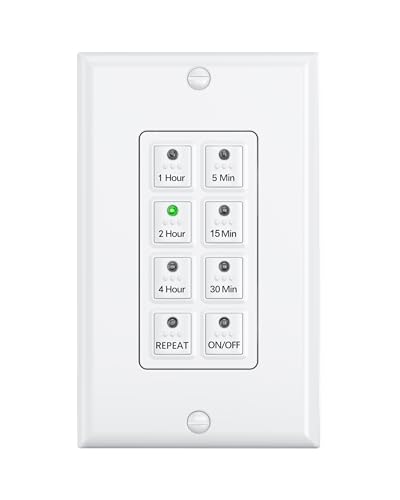 BN-LINK Countdown Bathroom Fan Timer Switch for Exhaust Fan Lights Heaters | 5-15-30-60mins, 2-4hours Preset Push Button, Auto Shut Off, 15A, 1/2HP, Neutral Required, Wall Plate Included, White, ETL - size: Preset ( 5-15-30-60mins, 2-4hours )