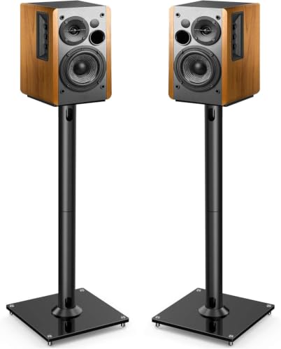 PERLESMITH Universal Floor Speaker Stands for Surround Sound up to 22 lbs | Bookshelf Speaker Stand 27.56‘’, 45° adjustable top plate, tool-free assembly, cable management, rubber isolation pads - size: Weight 22 LBS