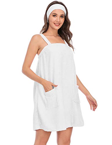 Veseacky Women Bath Wrap Towel for Womens Shower with Pocket Adjustable Spa Robe & Facial Headband - color: White, size: Small