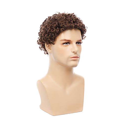 Swiking Mens Brown Afro Curly Wig for Male Guy Rocker Wig California Halloween Cosplay Costume Full Wigs - color: Brown