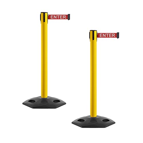 Montour Line MSR650 Set of 2 Retractable Belt Barrier Stanchion, Heavy-Duty Rubber Base, Yellow Steel Post (16 ft Red with "Caution - DO NOT Enter" White Letters Belt) - color: Red with "CAUTION - DO NOT ENTER" White Letters, size: Yellow Steel