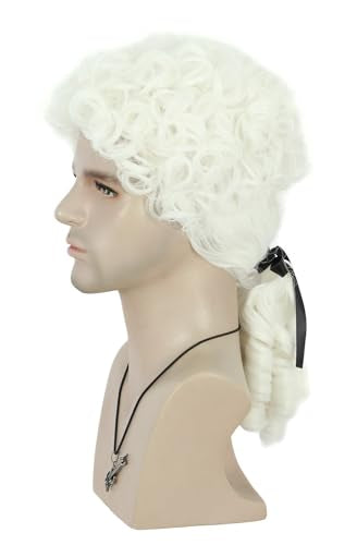 VGbeaty Adult Judge Colonial Wig Long Curly White Wig with Ponytail | VGbeaty Adult Judge Colonial Wig Long Curly White Wig with Ponytail - color: Curly-White