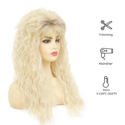 Blonde Long Curly Wig for Women 70s 80s Rocker Punk Wigs with Bangs Cosplay Halloween Costume Party Wigs - color: Long Gold