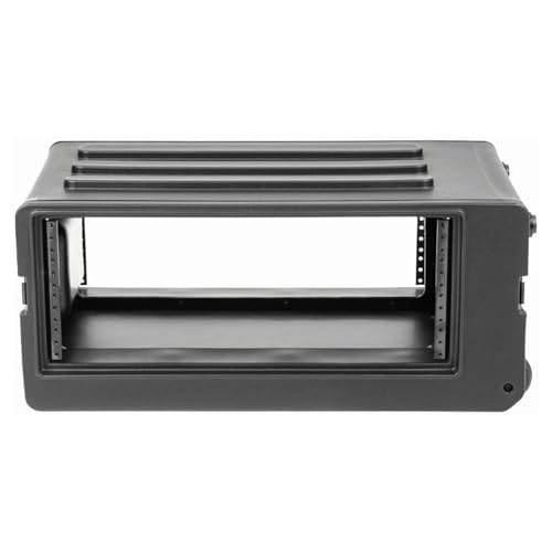 SKB 4U rSeries Shallow Rolling Rack with Integrated Back Wheels and 1-Touch Pull Handle, Comes with 8 Rack Units and Interlocking Molded Stacking Bars | Interlocking stacking bars, molded construction, integrated rear casters, one-touch telescoping gear t