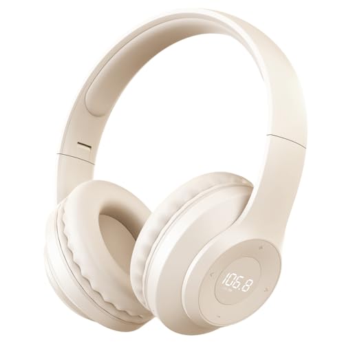 X5 Rechargeable & Portable FM Radio Headphones (Beige) | Best Reception, LED Display, Soft Ear Muffs,Headphones with Radio Built in, FM Receiver for Meeting, Works, Hiking, Jogging - color: Beige