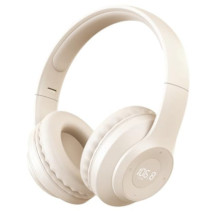 X5 Rechargeable & Portable FM Radio Headphones (Beige) | Best Reception, LED Display, Soft Ear Muffs,Headphones with Radio Built in, FM Receiver for Meeting, Works, Hiking, Jogging - color: Beige