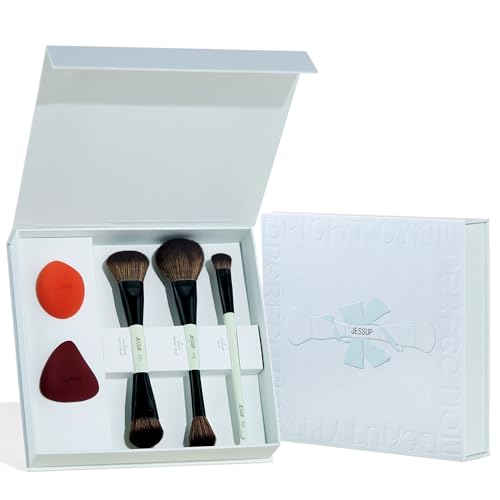 Jessup Face Makeup Brushes with Makeup Sponge, 3pcs Double Ended Makeup Brush for Foundation Contour Blush Highlight and Concealer Brush, Premium Synthetic Brush Set with Gift Box, T510 - style: T510