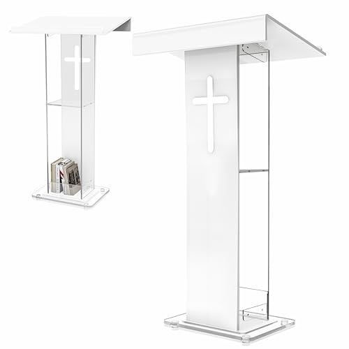 45.3 Acrylic Podium Lectern, Pulpit for Churches Stand with Double Shelves, Modern Plexiglass Pulpits Lectern with Cross Design for Classroom, Conference, Presentation,Wedding - size: 45.3IN-cross
