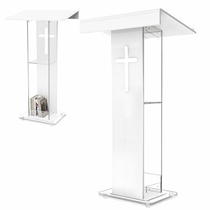 45.3 Acrylic Podium Lectern, Pulpit for Churches Stand with Double Shelves, Modern Plexiglass Pulpits Lectern with Cross Design for Classroom, Conference, Presentation,Wedding - size: 45.3IN-cross