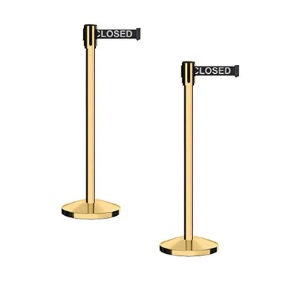 Montour Line M530 Set of 2 Retractable Belt Barrier Stanchion, Sloped Base, Polished Brass Post (7.5 ft Black with"This LINE Closed" White Letters Belt) - color: Black with "THIS LINE CLOSED" White Letters, size: 7.5 ft